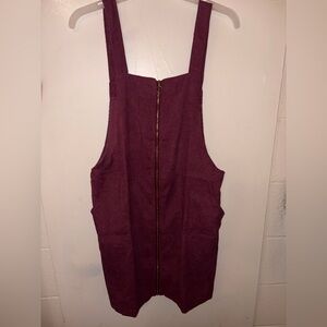 Stylish MAROON Corduroy Overall Dress with Gold Front Zipper